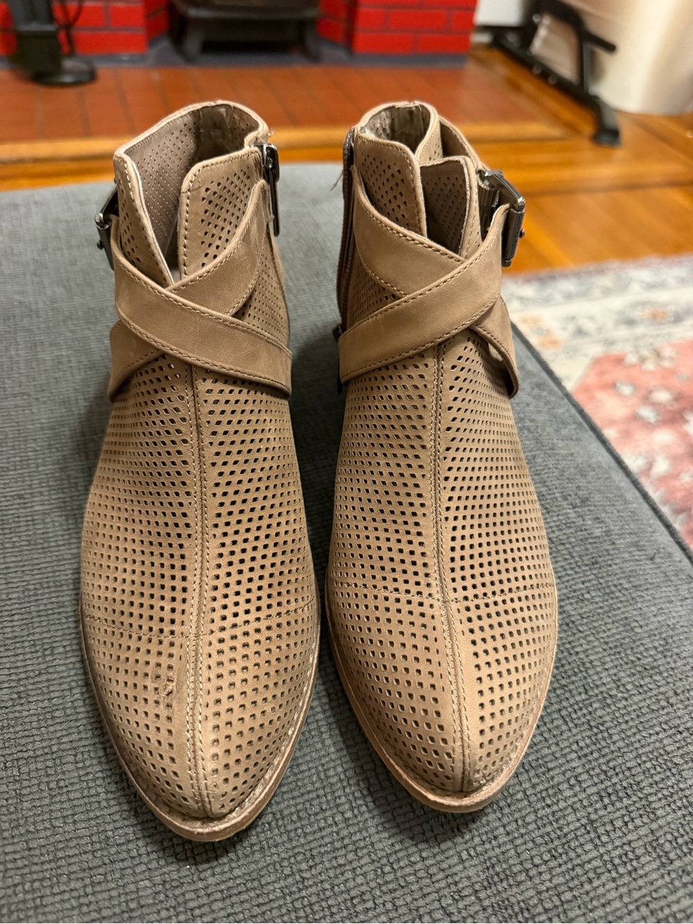 Vince Camuto Perforated Taupe Suede Ankle Booties